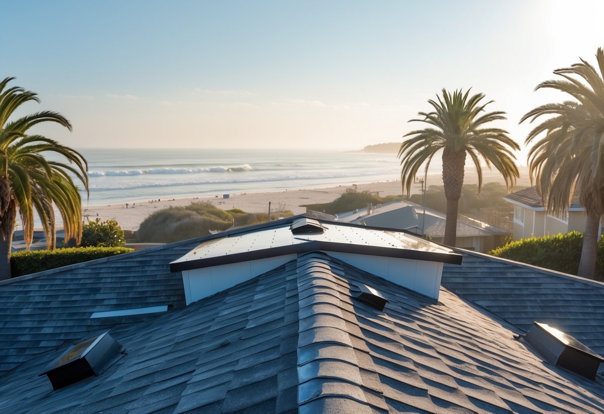 A coastal house rooftop with ventilation vents near the ocean, surrounded by palm trees and beach dunes under a bright sky.