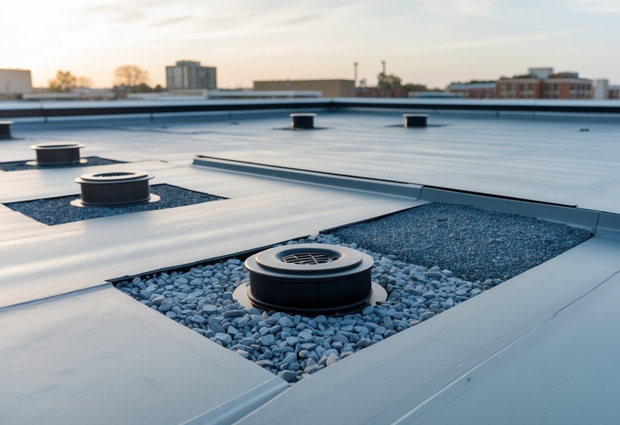 A flat commercial rooftop showing drainage outlets and slopes designed to prevent water ponding before rain.
