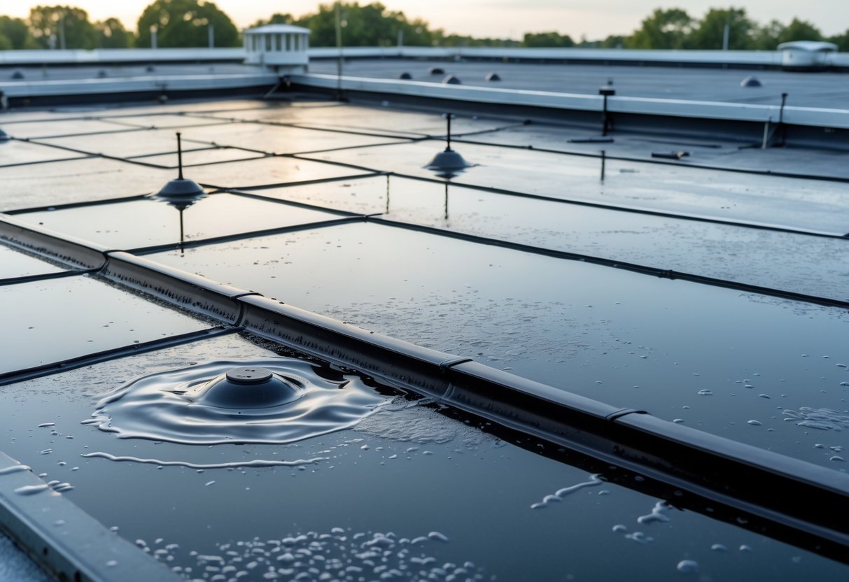 Flat commercial roof with shallow pools of standing water highlighting drainage problems before rain.