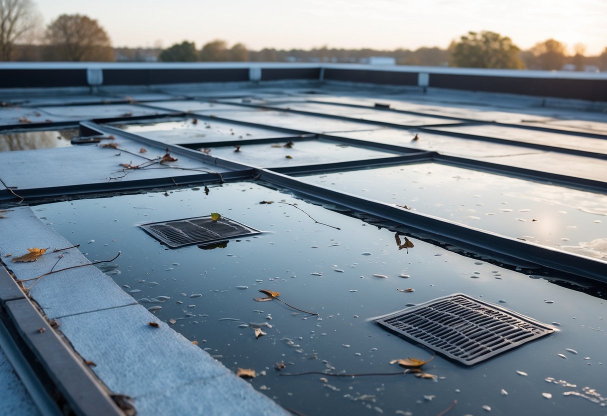 Flat rooftop showing water pooling around drains and scattered debris causing drainage problems.