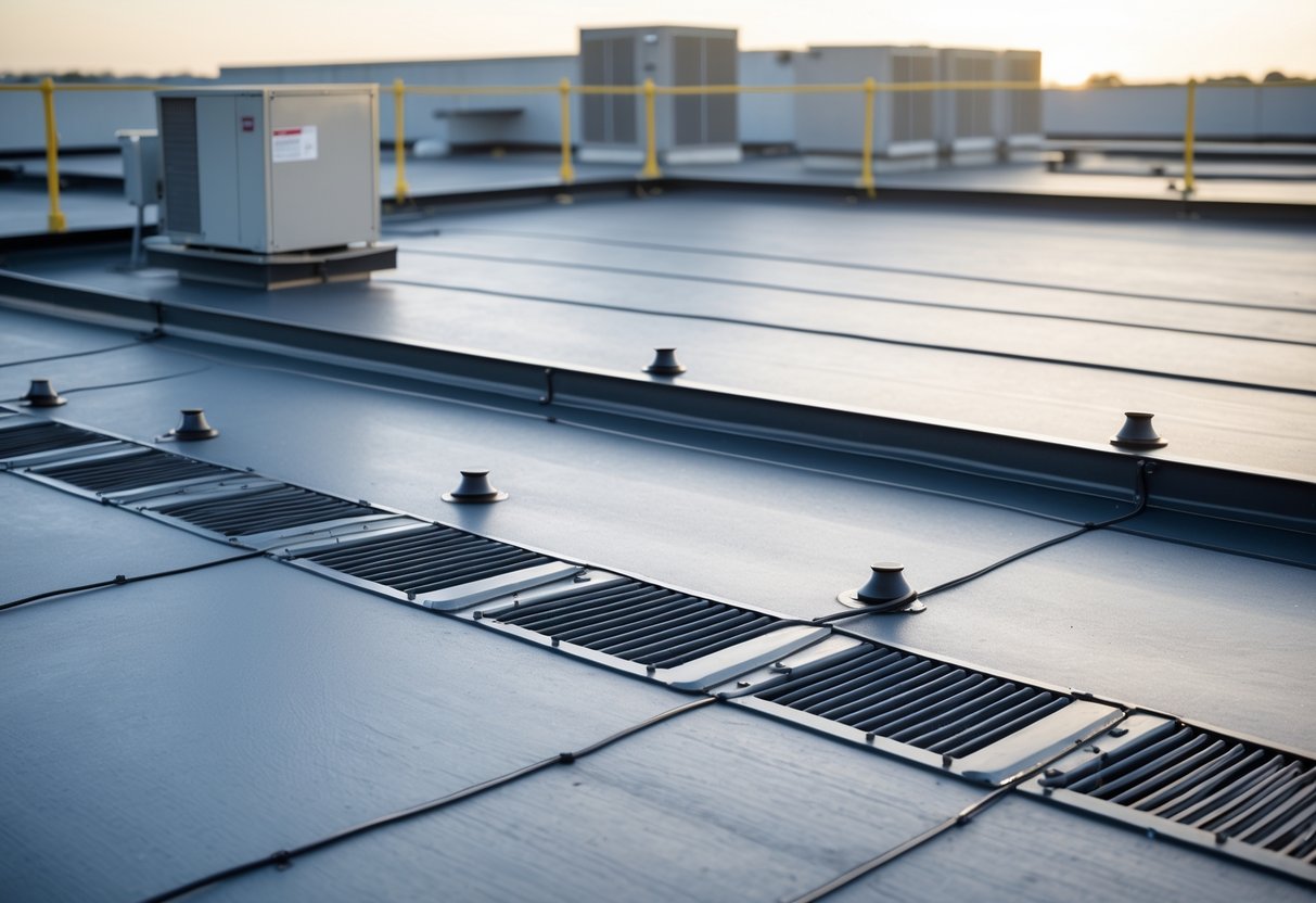 A flat commercial roof with drainage systems installed to prevent water accumulation, shown on a clear day.