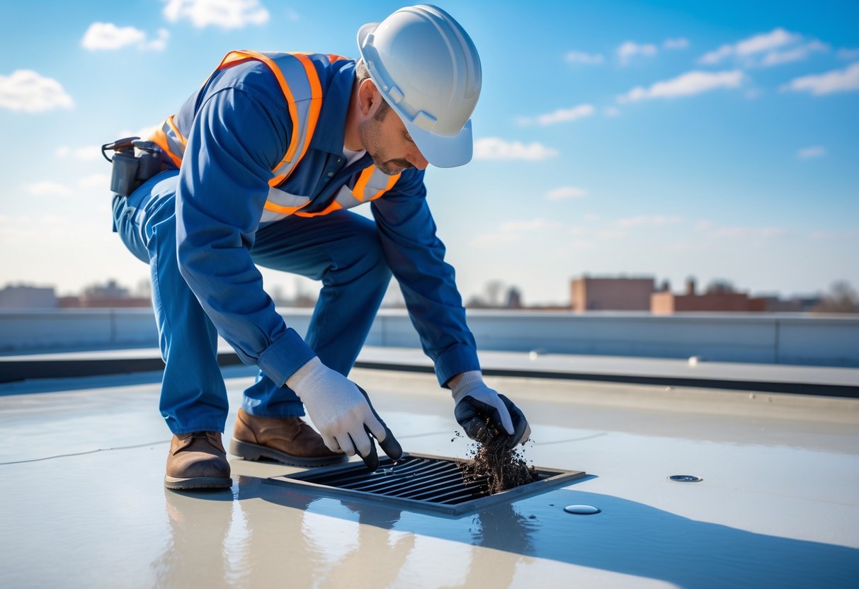 A maintenance worker inspects and cleans a flat roof drain to prevent water buildup before rain.