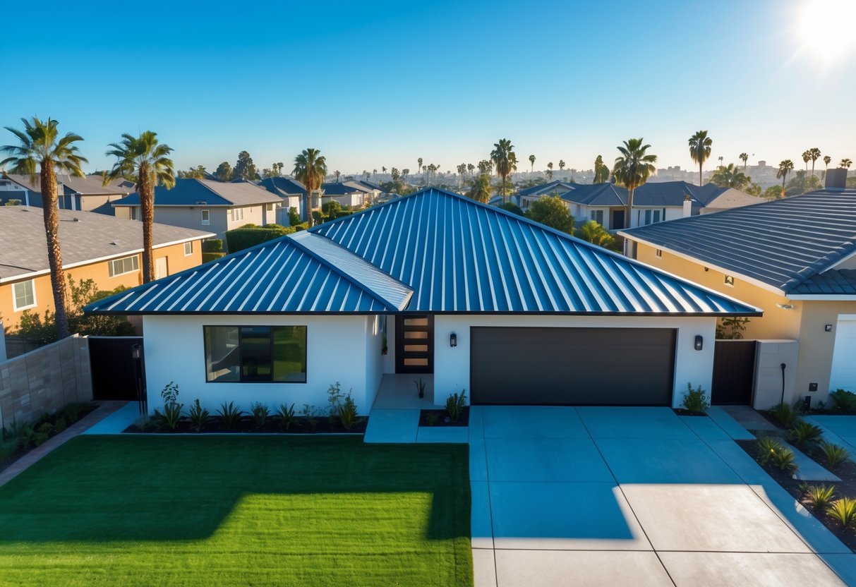 A modern house in Los Angeles with a shiny metal roof surrounded by palm trees and greenery under a clear blue sky.