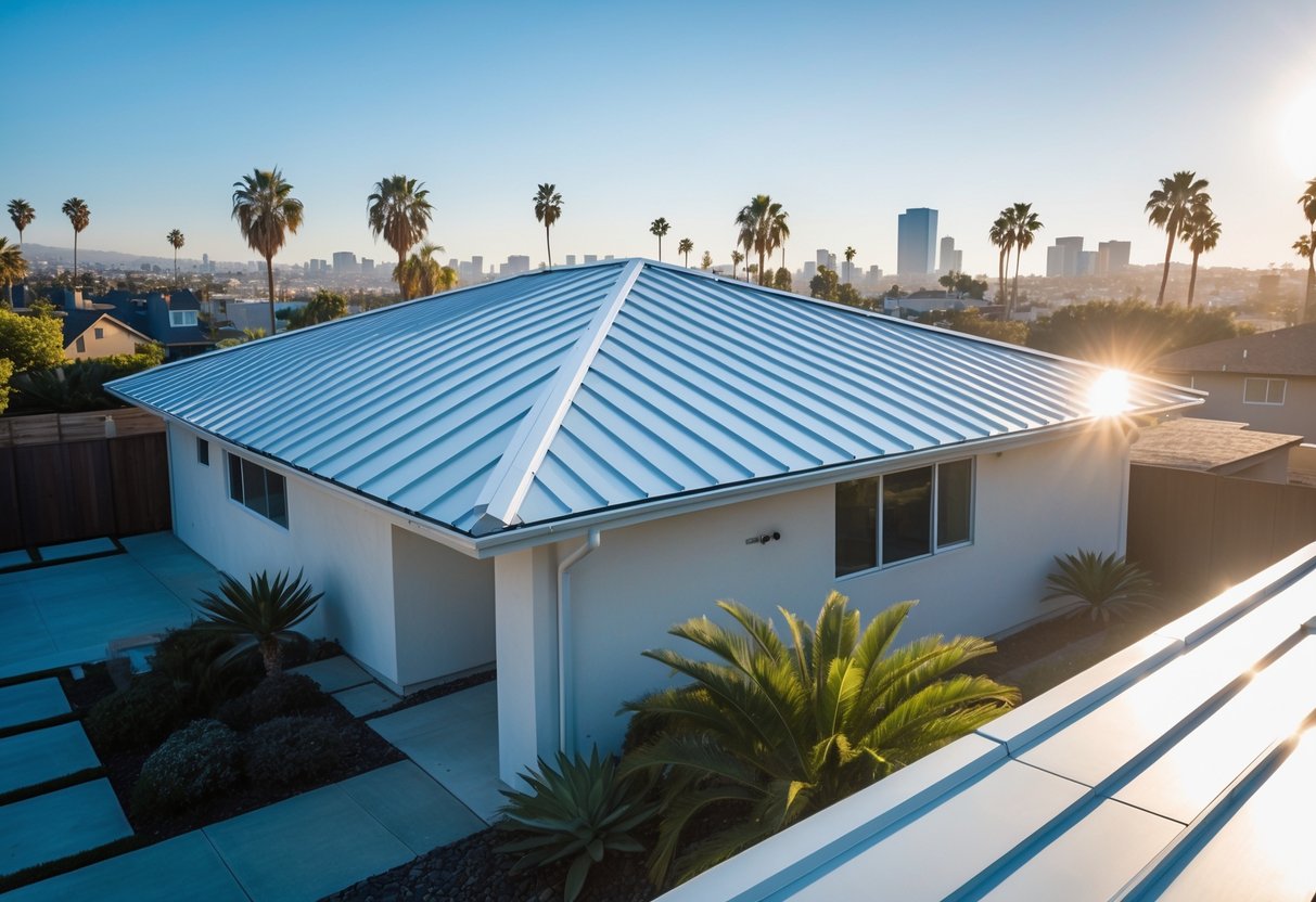 A modern house in Los Angeles with a shiny metal roof surrounded by palm trees and clear blue sky.