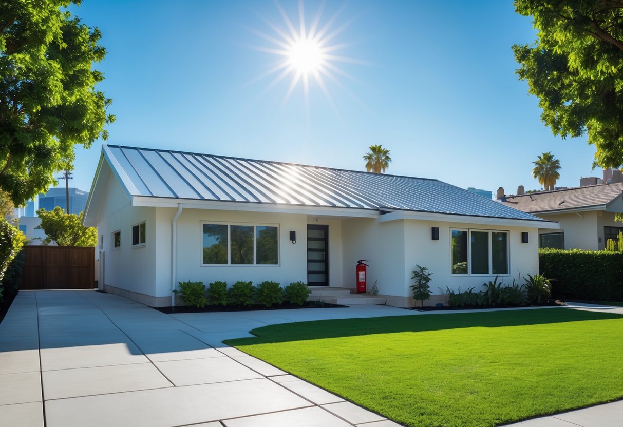A modern house in Los Angeles with a clean metal roof under a clear blue sky, surrounded by trees and a city skyline in the background.