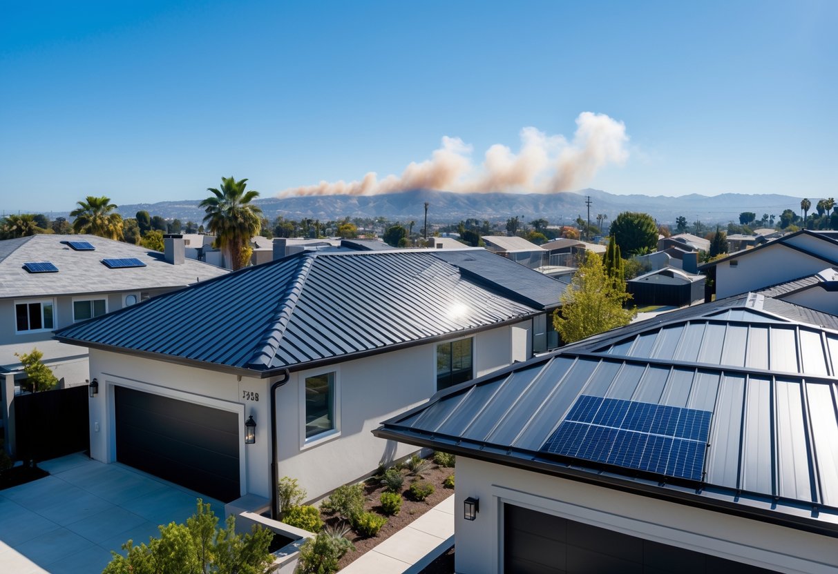 A sunny Los Angeles neighborhood with modern houses featuring shiny metal roofs, clear skies, and distant smoke from a wildfire far away.