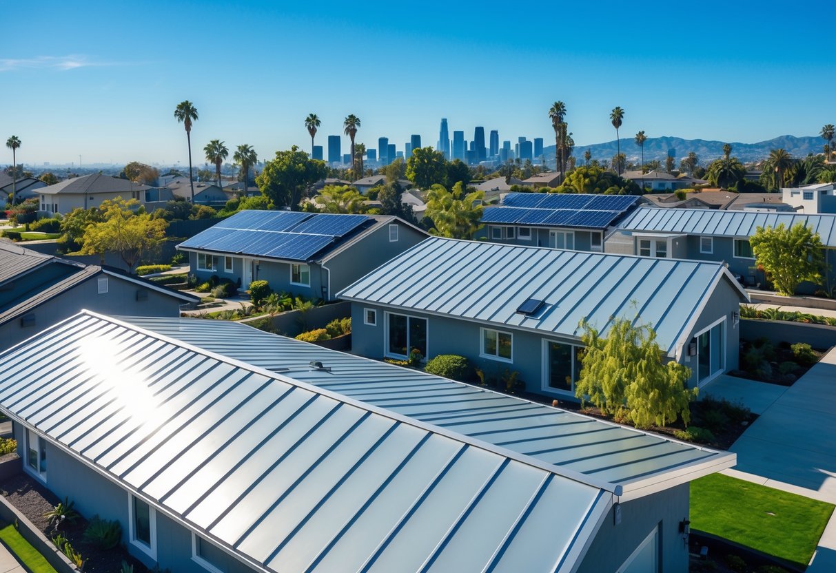 A neighborhood in Los Angeles with houses featuring metal roofs, green trees, and the city skyline in the background under a clear blue sky.