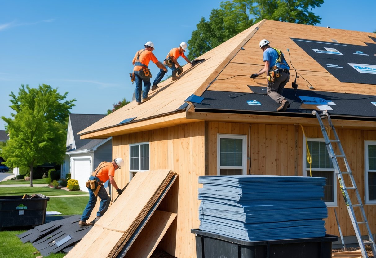 Roofing workers replacing a residential roof with new plywood and shingles on a sunny day.