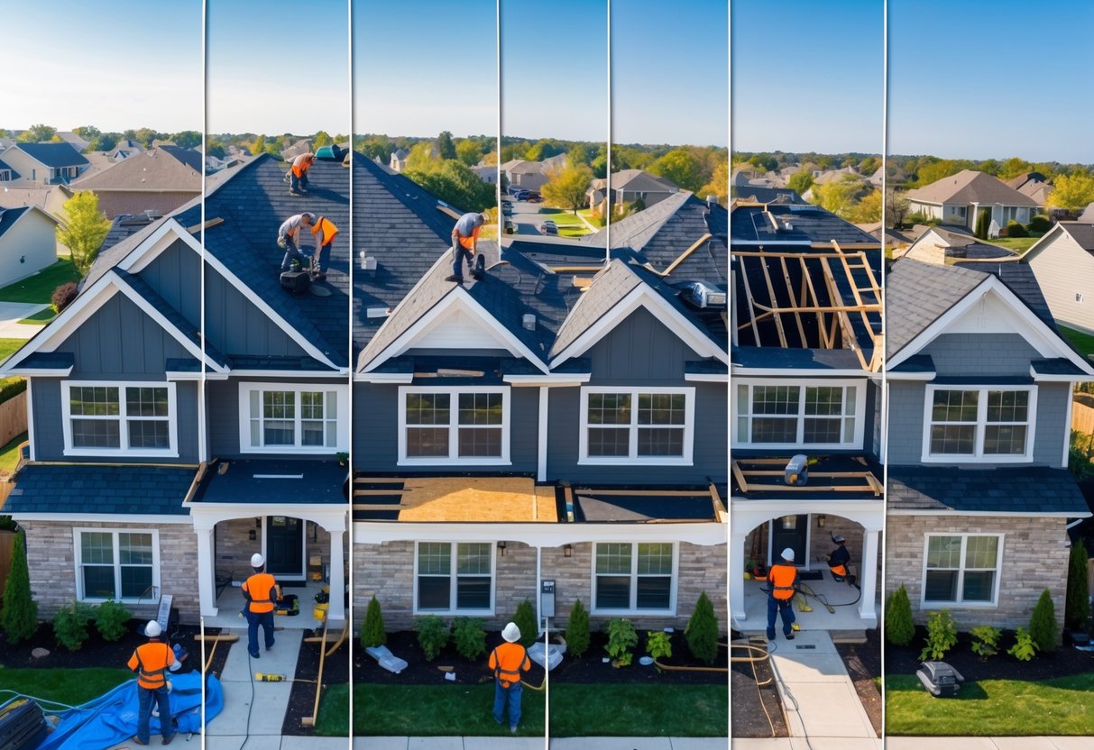 Four stages of a roof replacement process on a house showing workers removing old shingles, repairing the roof, installing new shingles, and final inspection.