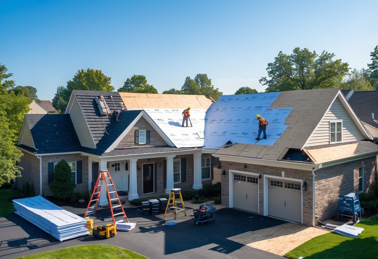 Workers replacing the roof of a house in different stages, with old shingles removed, new materials being installed, and finished sections visible.
