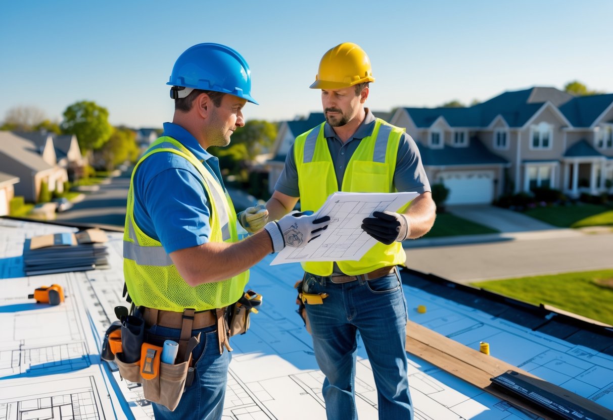A roofing contractor and homeowner reviewing plans together on a residential rooftop during a roof replacement.