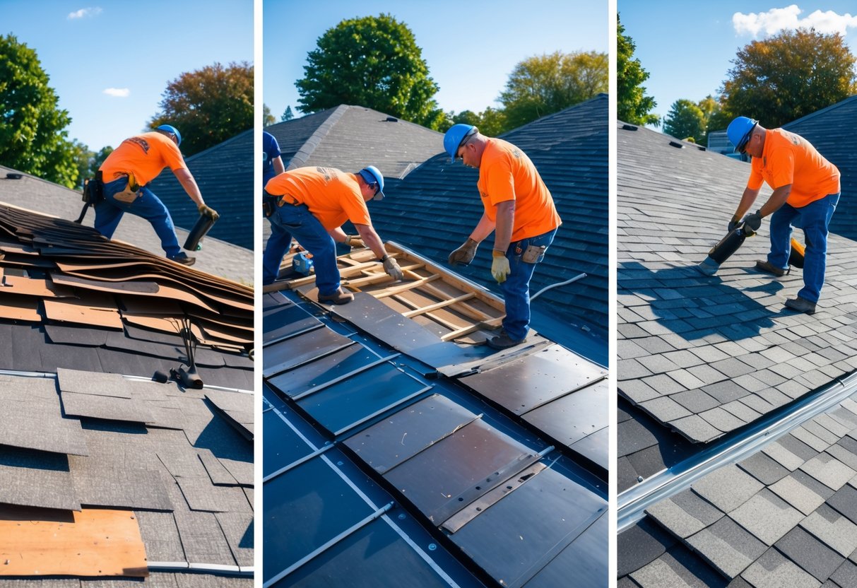 A series of four panels showing workers replacing a roof step by step, from removing old materials to installing new roofing on a house.