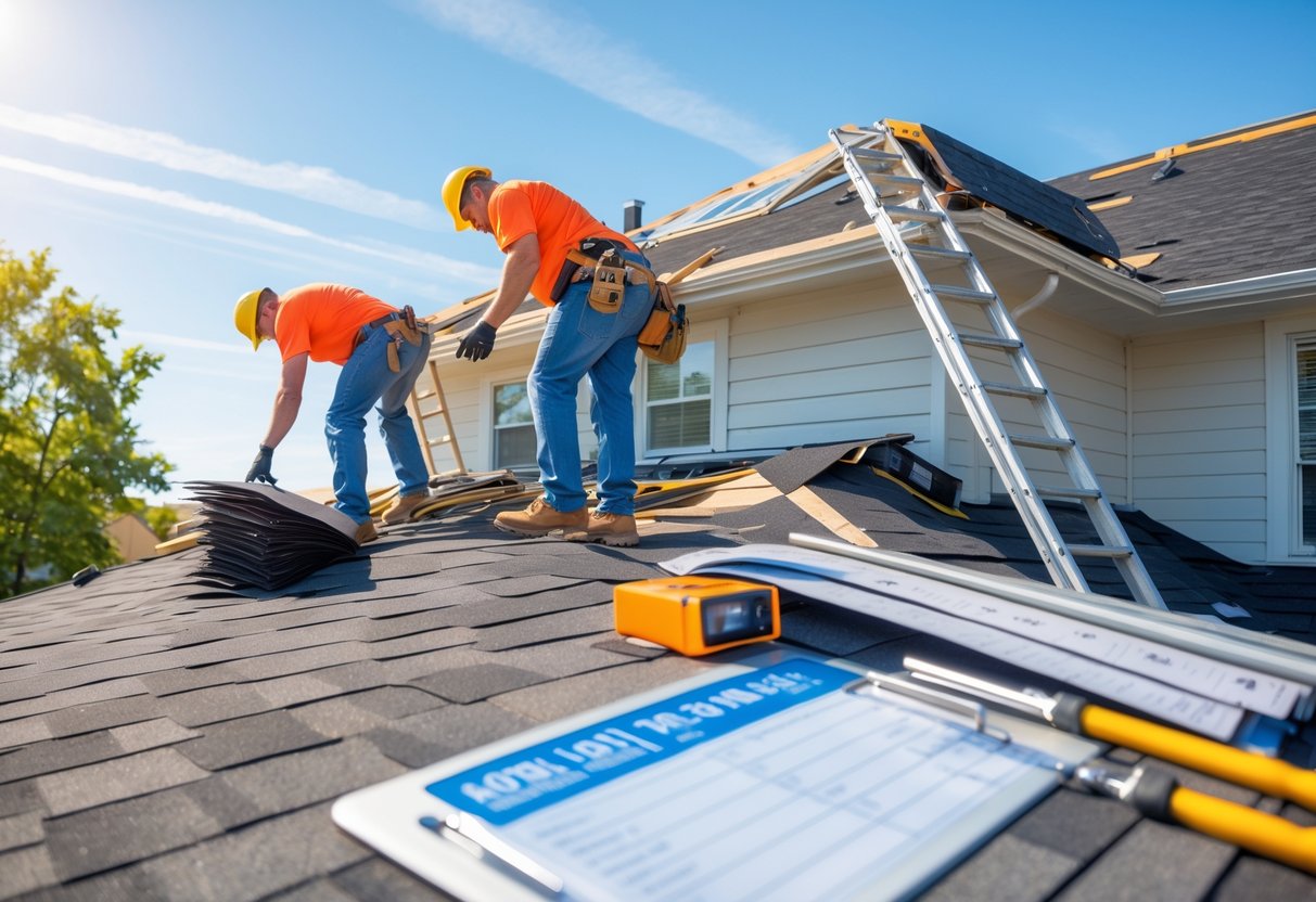 Workers replacing a residential roof in stages, with tools and materials around, showing a roof repair and installation process.