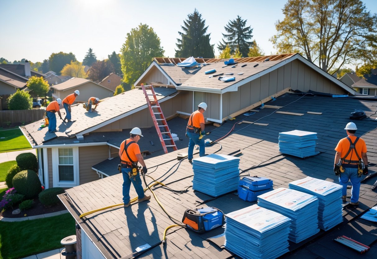 Workers replacing shingles on a house roof over several days with roofing tools and safety gear visible.