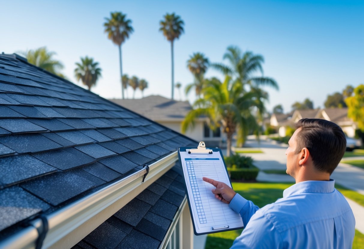A person inspecting the roof of a suburban house in Los Angeles while holding a clipboard.