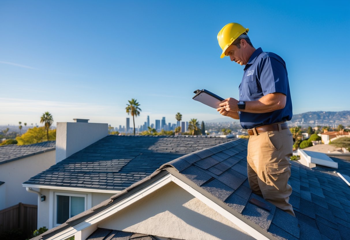 A home inspector wearing a helmet examines the roof of a suburban house with a clipboard, with the Los Angeles cityscape visible in the background.