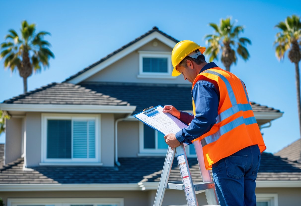A roof inspector on a ladder examining a house roof with a clipboard checklist under a sunny sky with palm trees in the background.