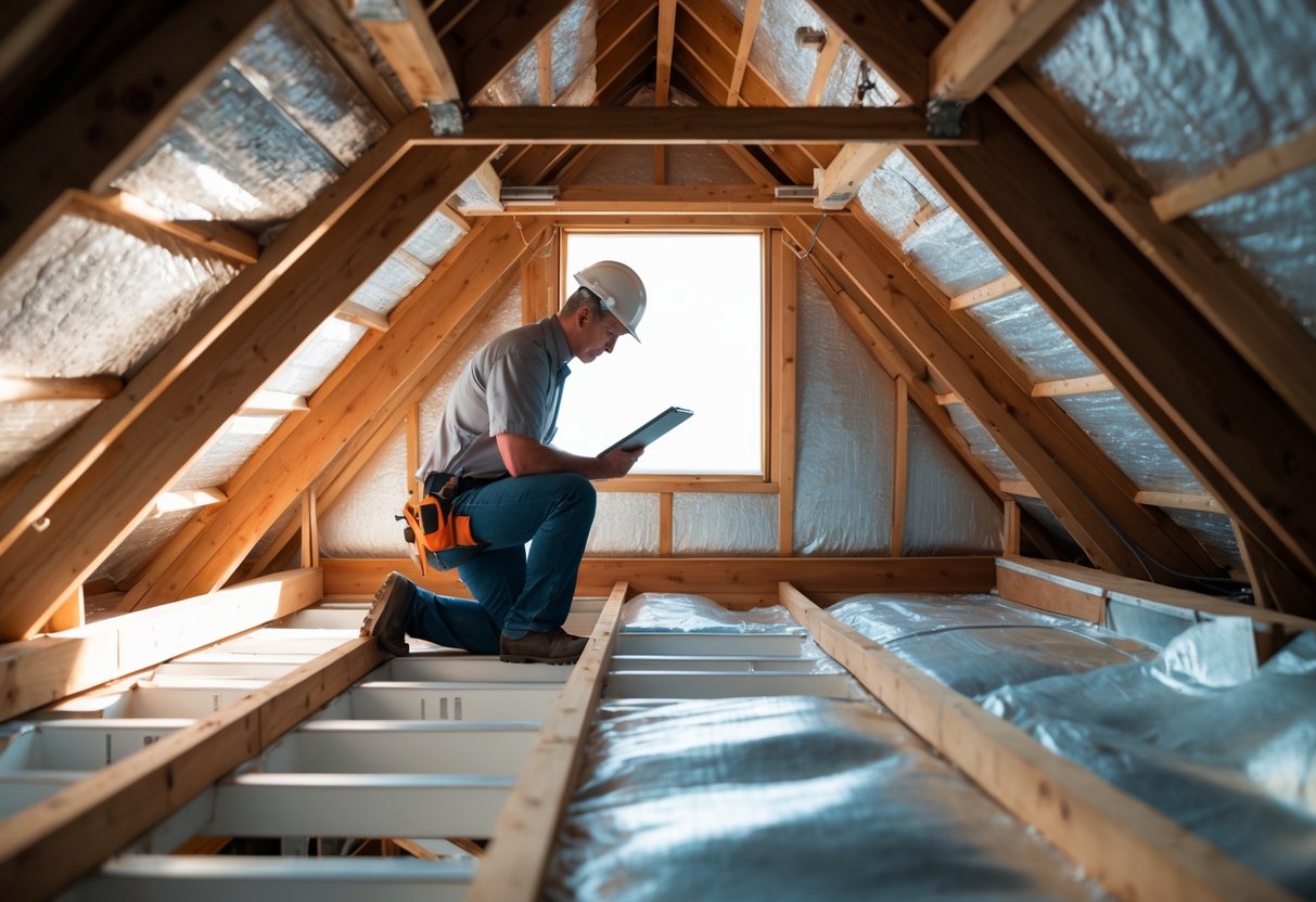 A home inspector wearing a helmet examines the wooden beams and insulation inside a bright attic.