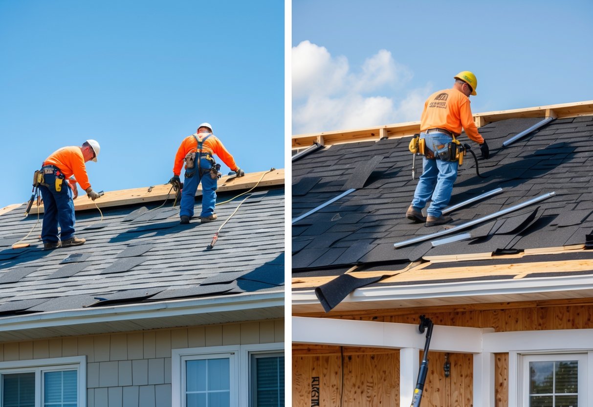 Two roofing scenes side by side: one showing workers installing new shingles over an existing roof, the other showing workers removing old shingles exposing the roof deck.