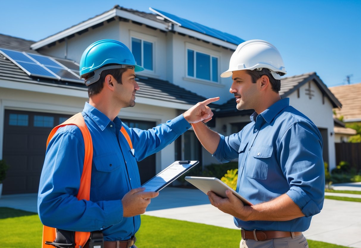 A home buyer and roof inspector discussing a roof inspection outside a modern house on a sunny day.
