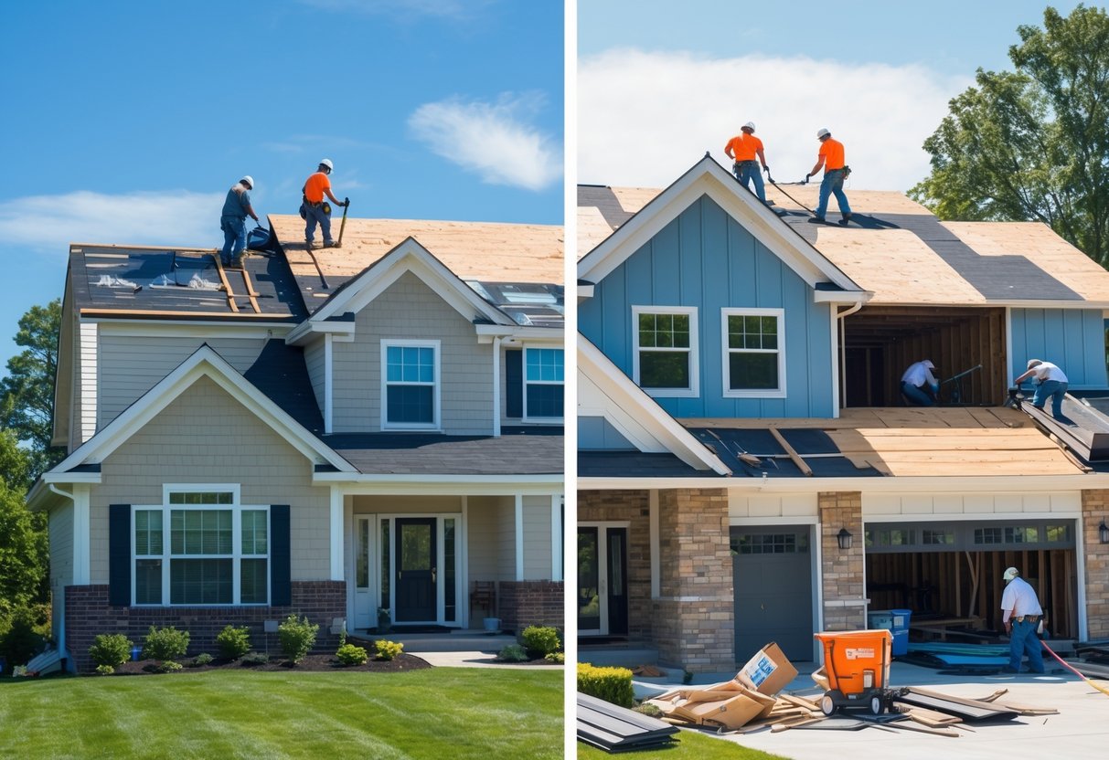 Workers on a house roof performing two different roofing methods side by side, one installing new shingles over old ones and the other removing old shingles down to the roof decking.