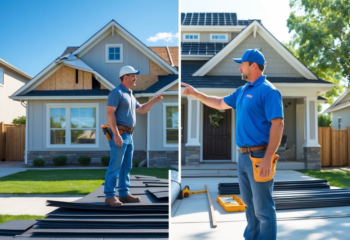 A roofing contractor talks with a homeowner outside a house, showing roofing options and materials.