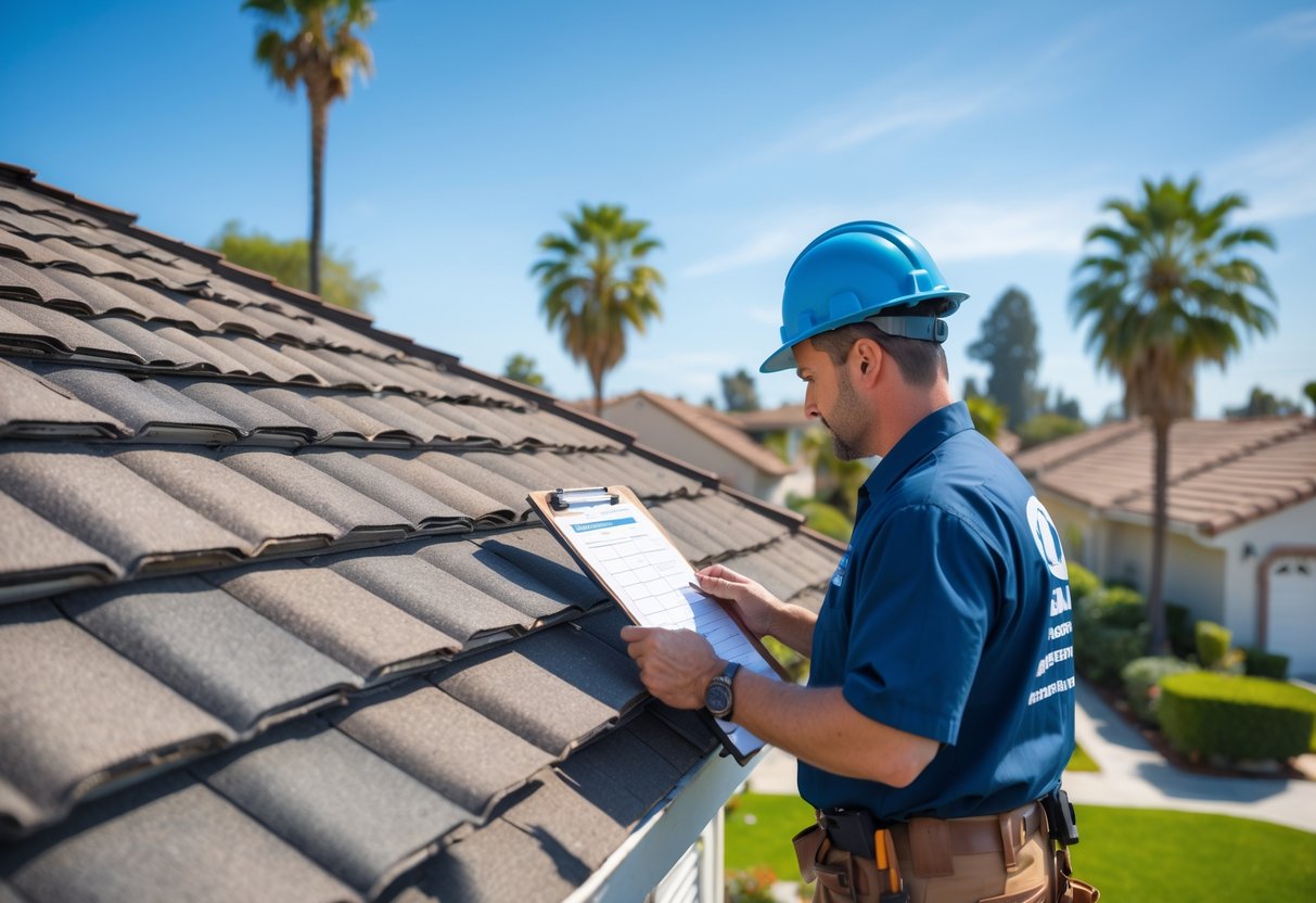 A home inspector wearing a safety helmet and uniform examines the roof of a suburban house in Los Angeles, holding a clipboard.