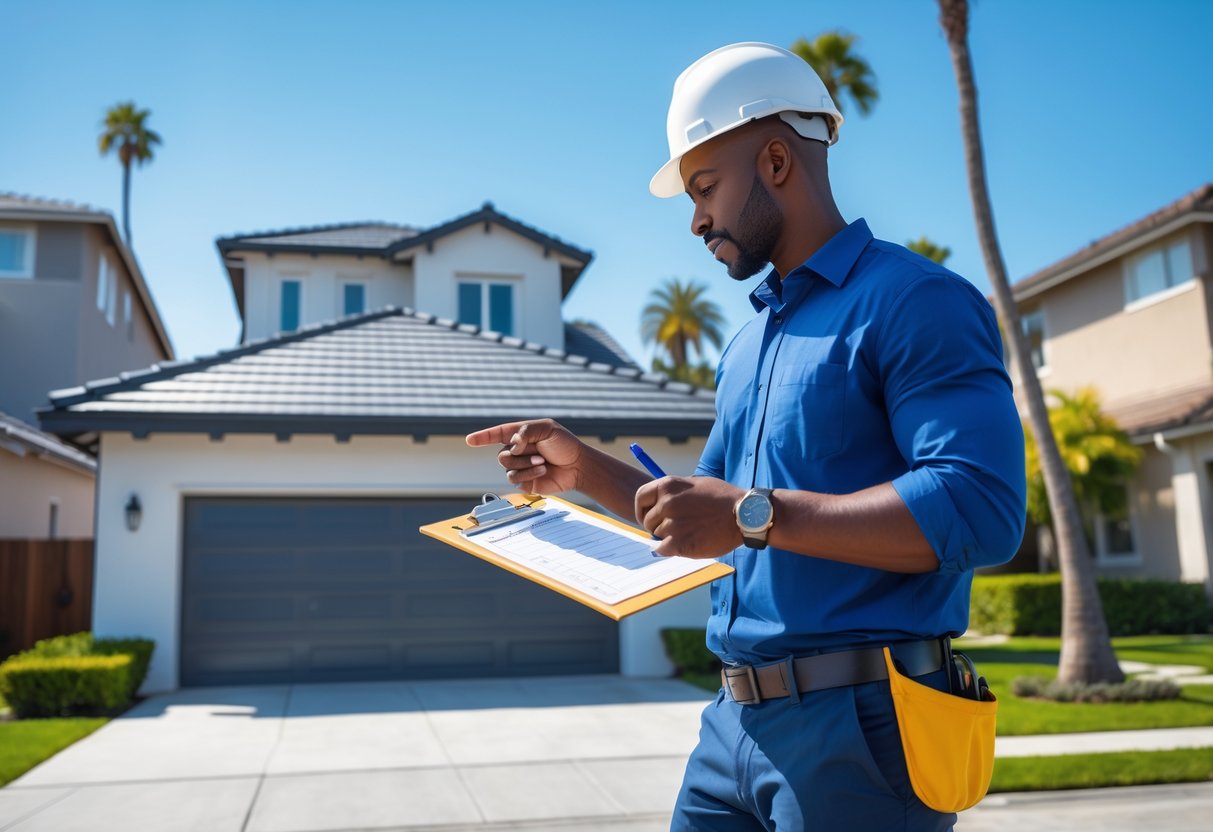 A home inspector holding a clipboard and pointing at the roof of a suburban house on a sunny day with palm trees in the background.