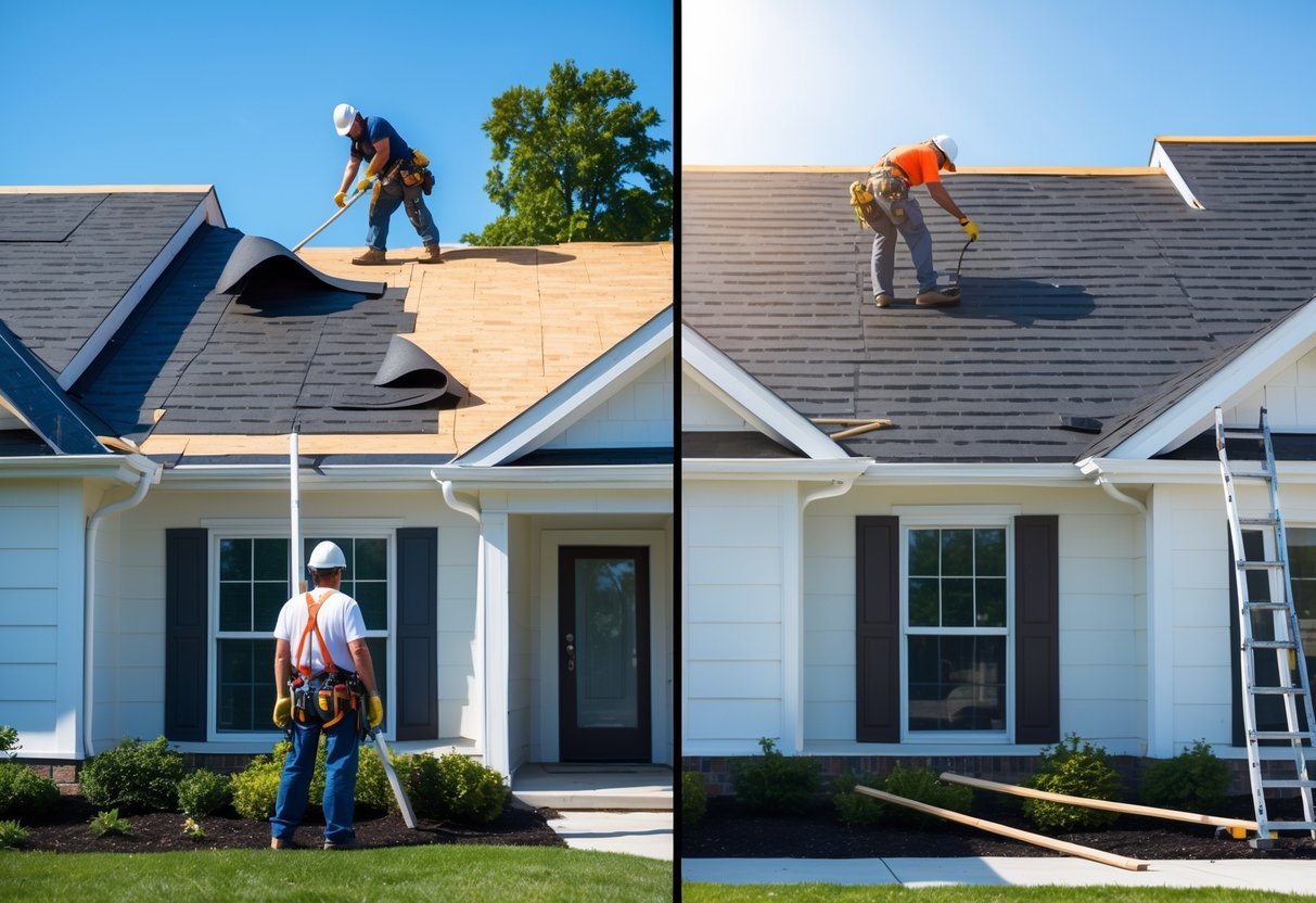 A roofing contractor examines a house roof where old shingles are being removed on one side and new shingles are being installed over the existing roof on the other side.