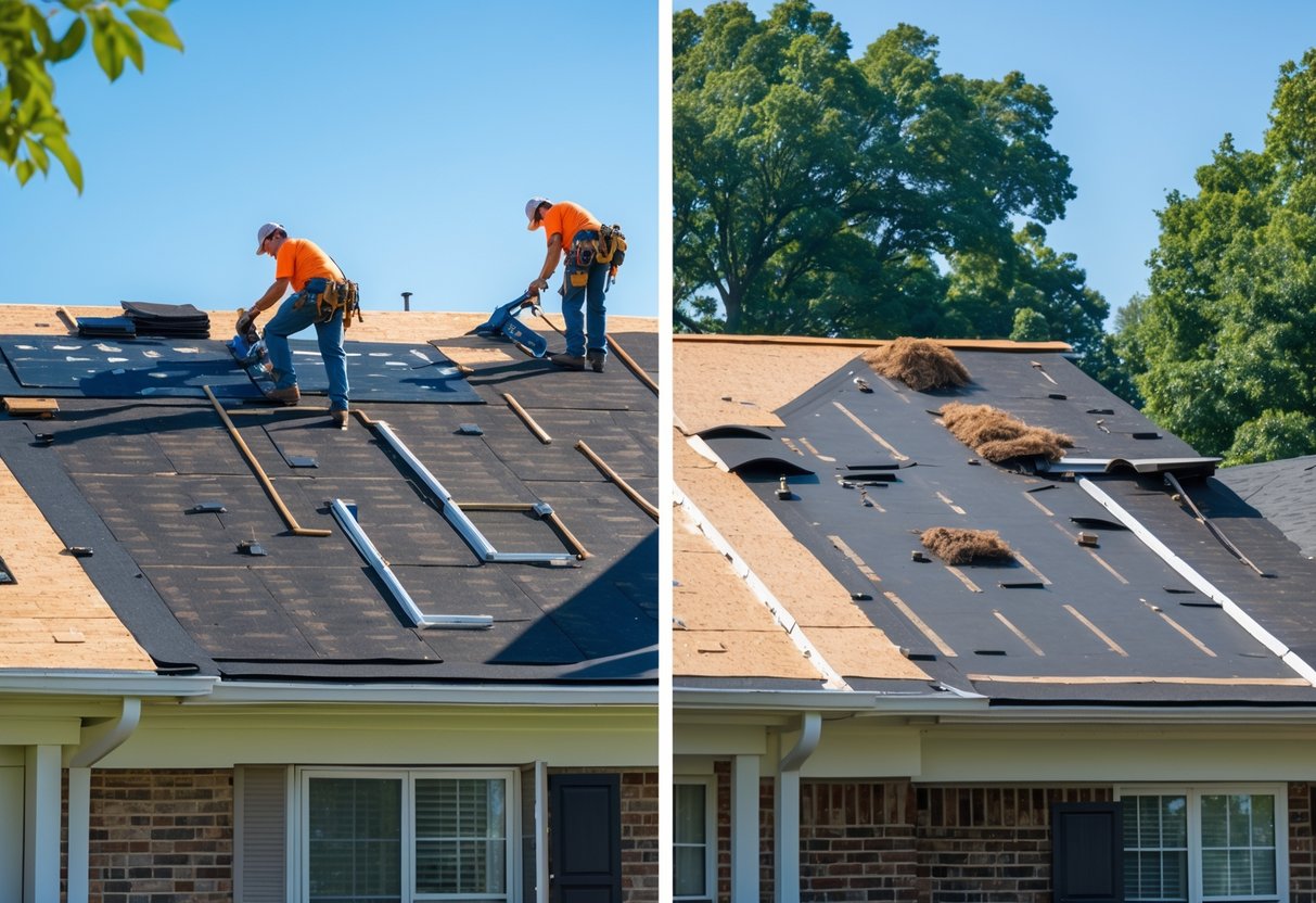 A roof divided into two sections showing workers installing new shingles on one side and removing old shingles on the other side during a roofing project.