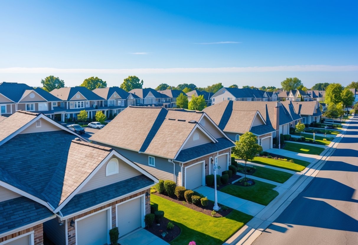 A sunny residential neighborhood with multiple condos and townhomes featuring clean, well-maintained roofs and tidy landscaping.