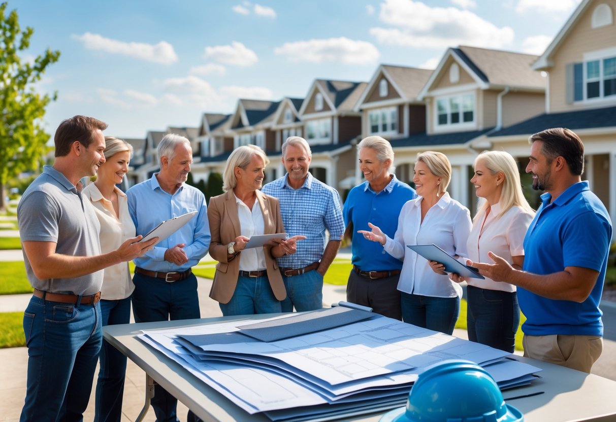 A group of people discussing roofing plans outside near townhomes and condominiums on a sunny day.