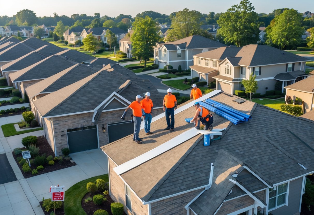 Homeowners and a roofing contractor inspecting roofs of condos and townhomes in a residential neighborhood.
