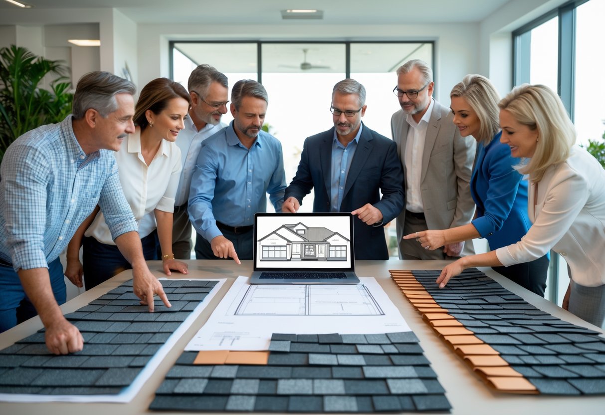 A group of people reviewing roofing plans and materials around a conference table in an office.