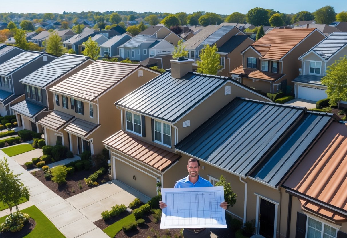 A person holding blueprints near townhomes with different roofing materials under a clear sky.