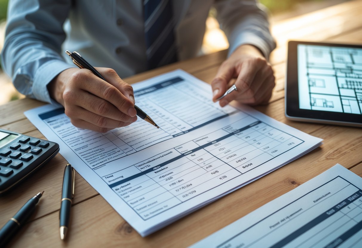 Close-up of hands holding a roofing estimate document with a calculator, pen, and tablet on a wooden table.