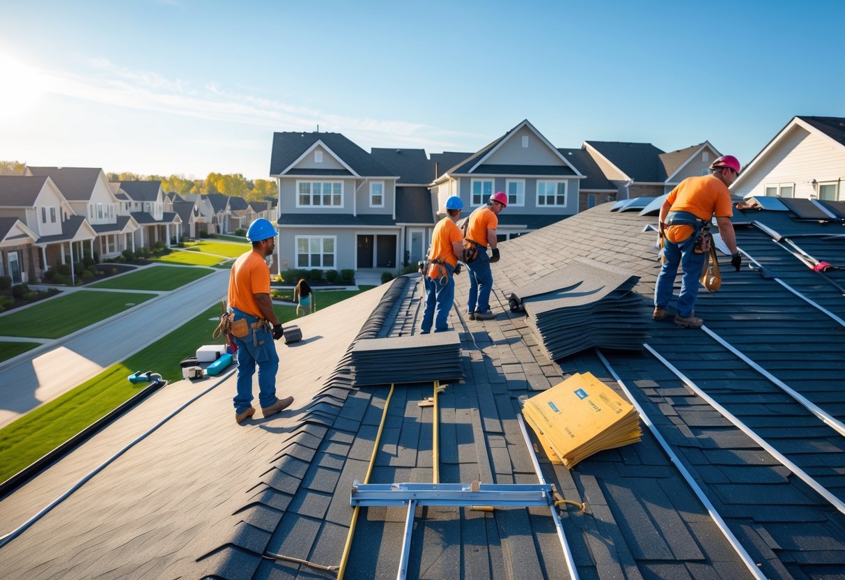 Roofing contractors replacing shingles on the roof of a townhouse complex with multiple attached homes in the background.