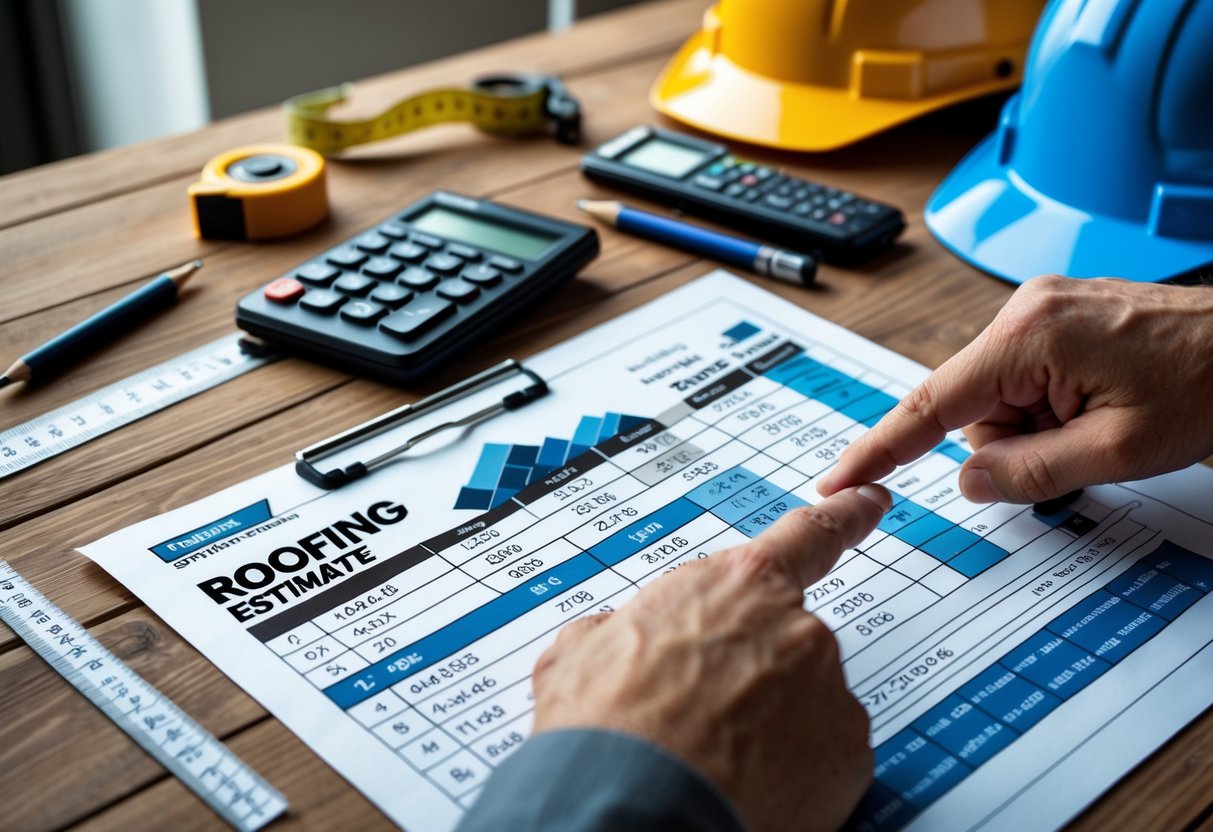 A close-up of a roofing estimate document on a table with roofing tools and a hand pointing at the paper.
