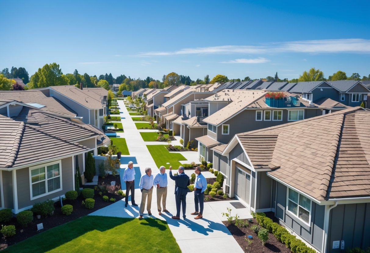 A group of people discussing roofing plans outside modern condos and townhomes on a sunny day.
