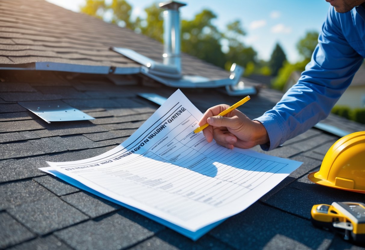 A roofing contractor reviewing a roofing estimate outdoors near a partially completed roof with visible ventilation and water management features.