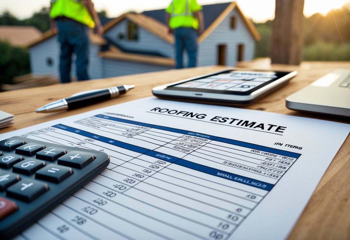 Close-up of a roofing estimate document on a desk with a calculator, pen, and laptop, with a house roof under construction in the background.
