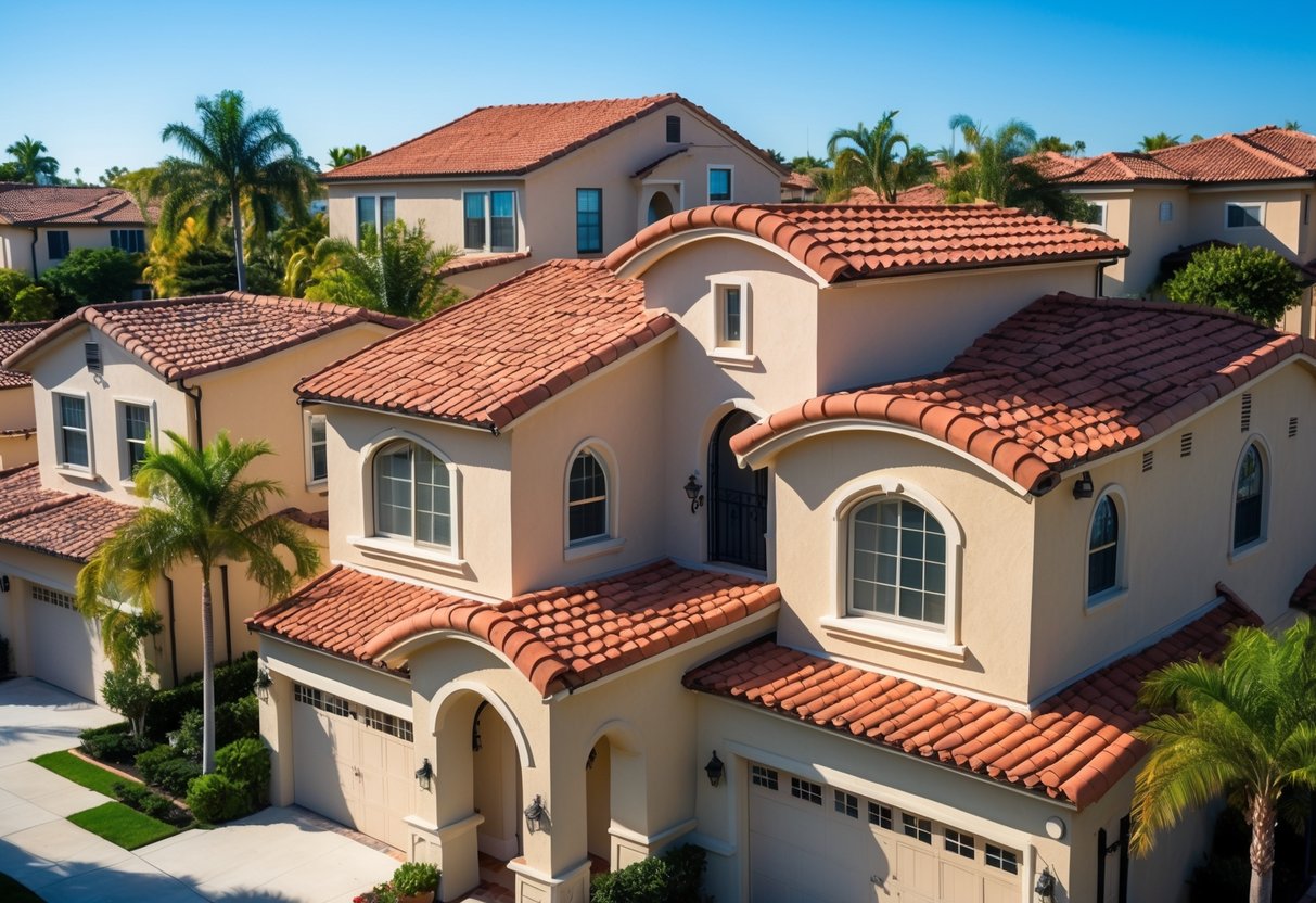 A sunny neighborhood with houses featuring red tiled roofs, surrounded by greenery and palm trees.