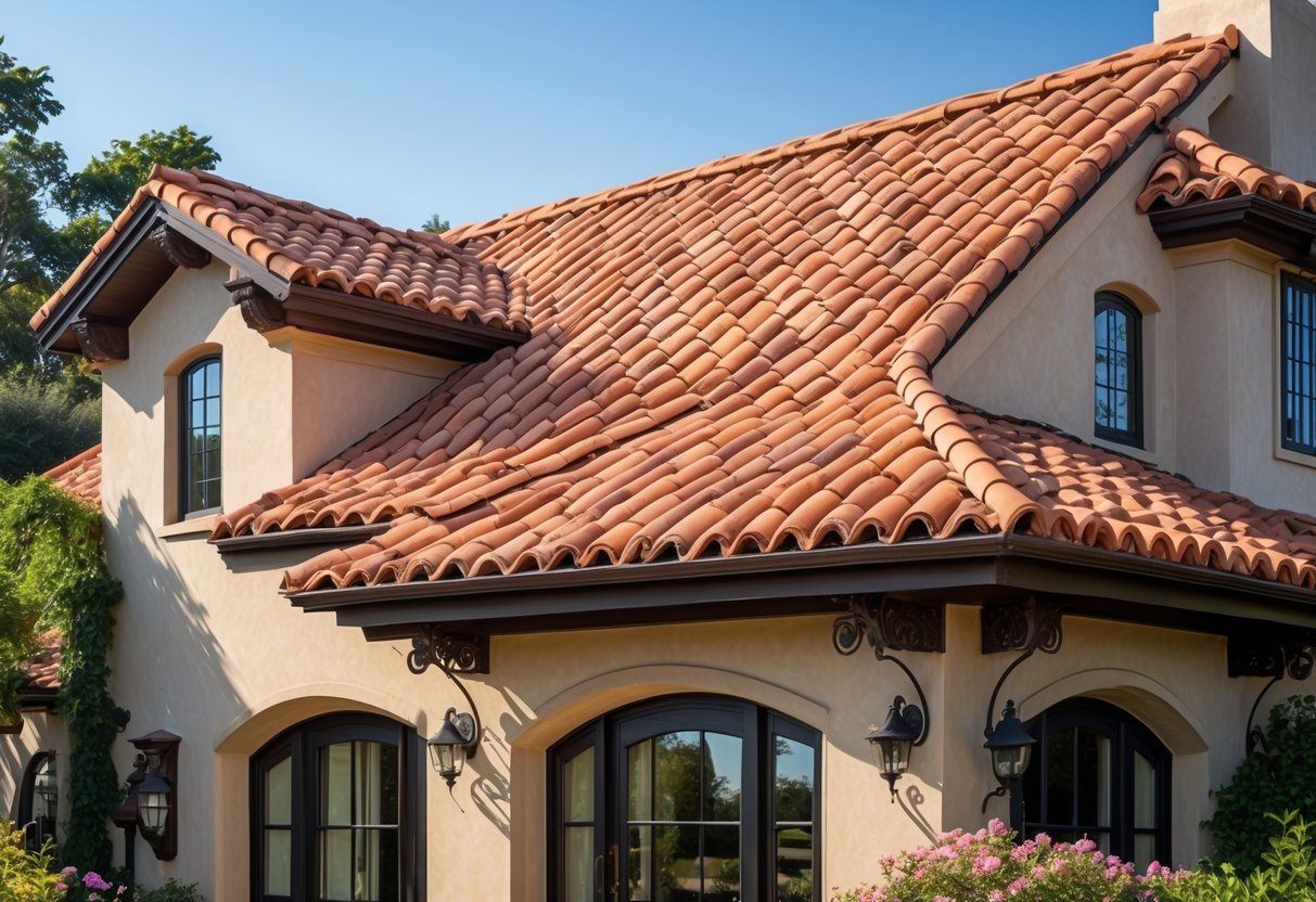 A close-up view of a house roof with curved terracotta tiles under a clear blue sky, surrounded by green plants.