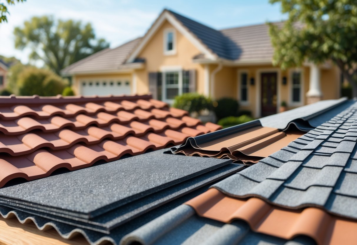 Close-up of various roofing materials displayed on a wooden surface with a house visible in the background under natural daylight.