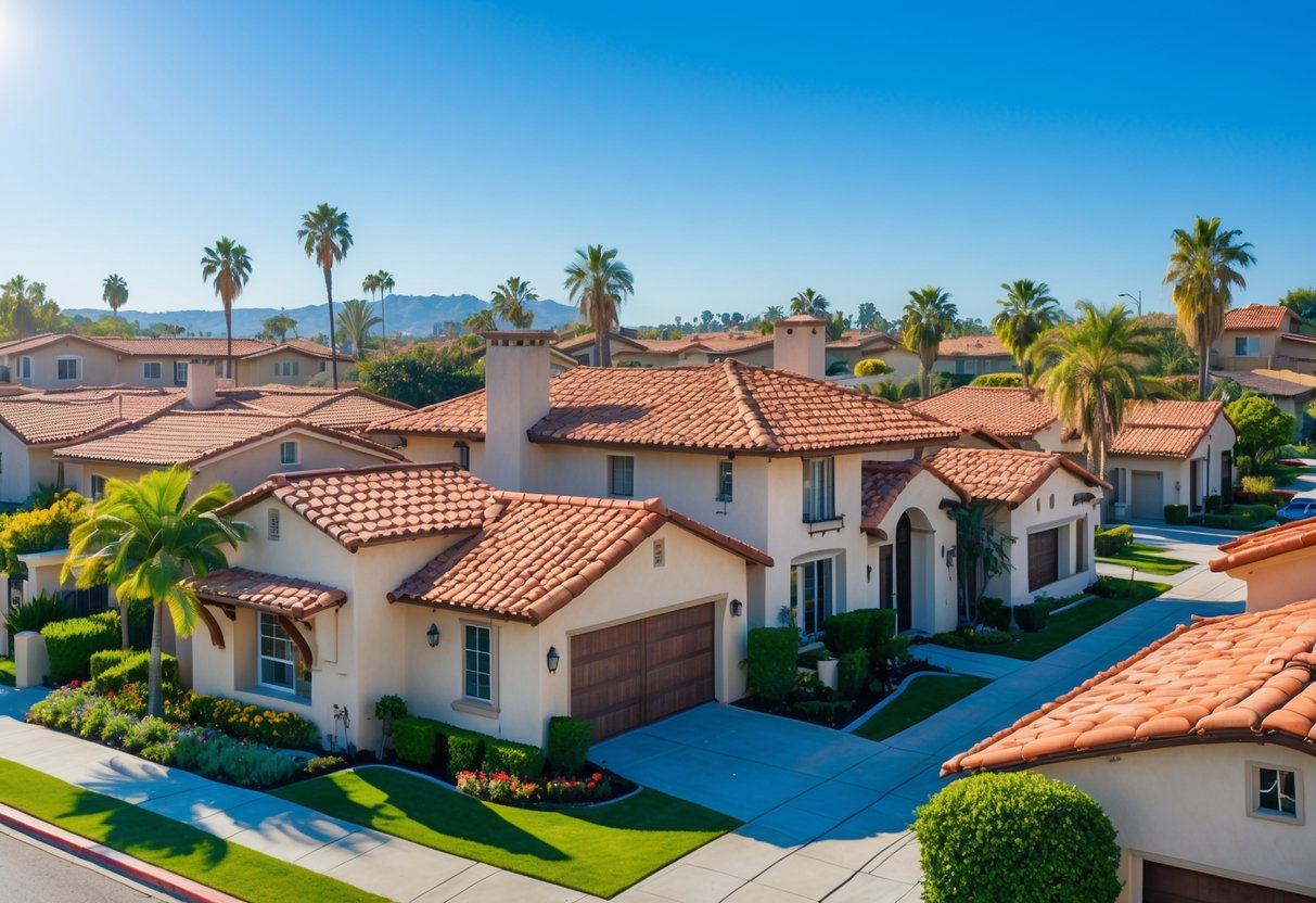 A sunny residential street with Spanish-style homes featuring red tile roofs and surrounding greenery.