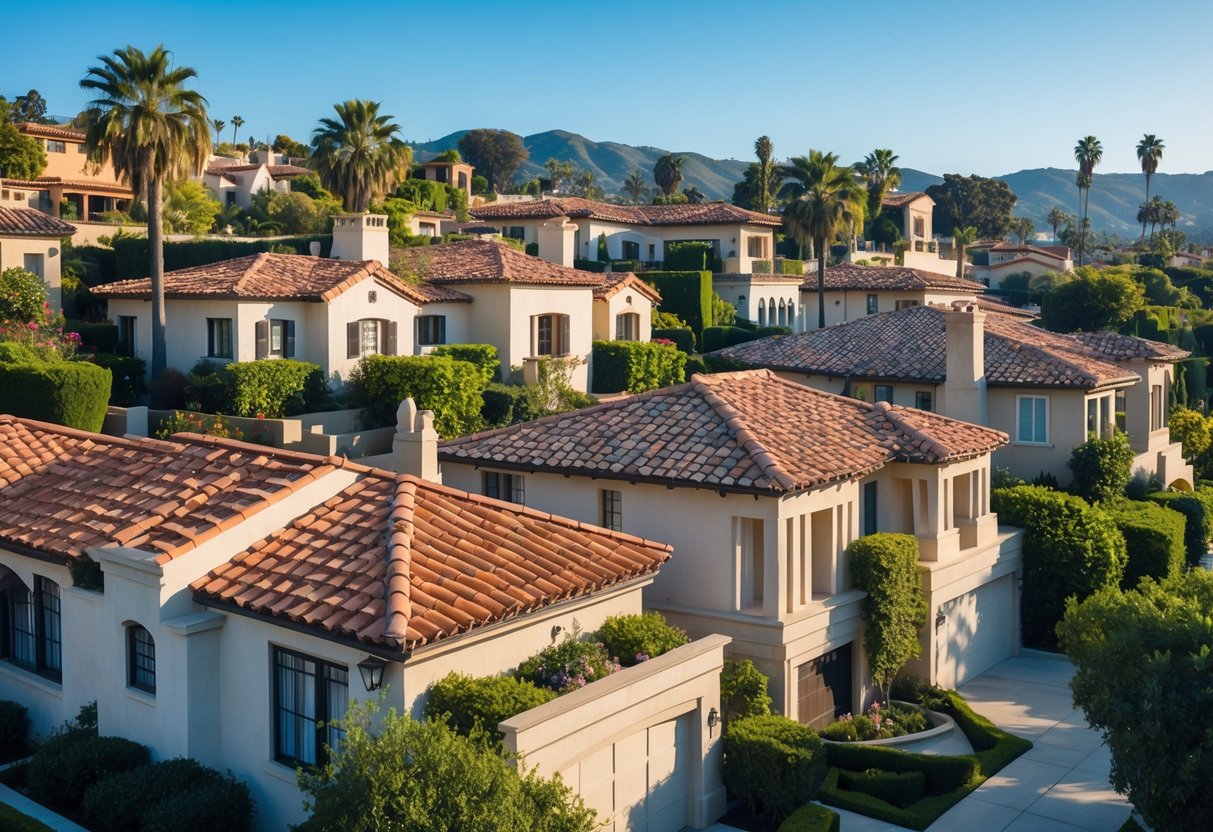A quiet residential street with historic homes featuring terracotta tile roofs surrounded by trees and gardens under a clear sky.