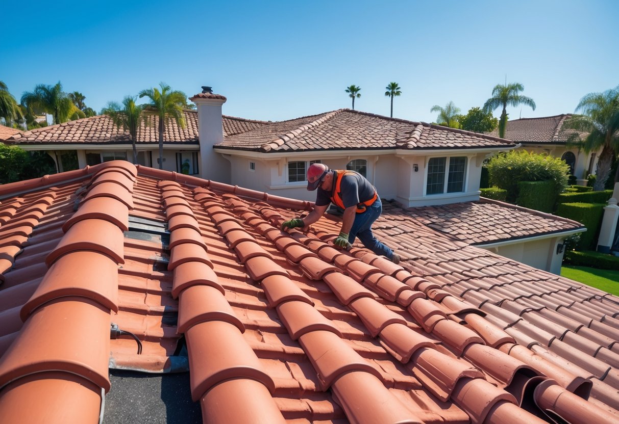 Close-up of a worker maintaining red clay roof tiles on a residential home under a clear blue sky.