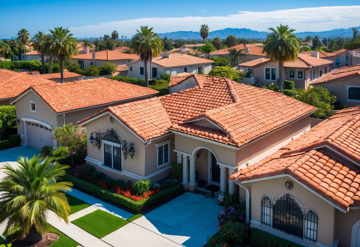 A sunny neighborhood with houses featuring red tile roofs, surrounded by trees and clear blue sky.