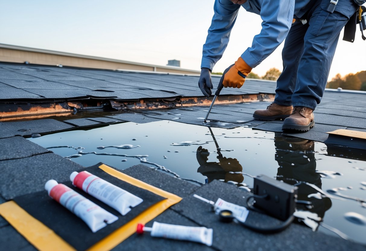 A roofing professional inspecting a commercial building roof with visible water damage and repair tools nearby.