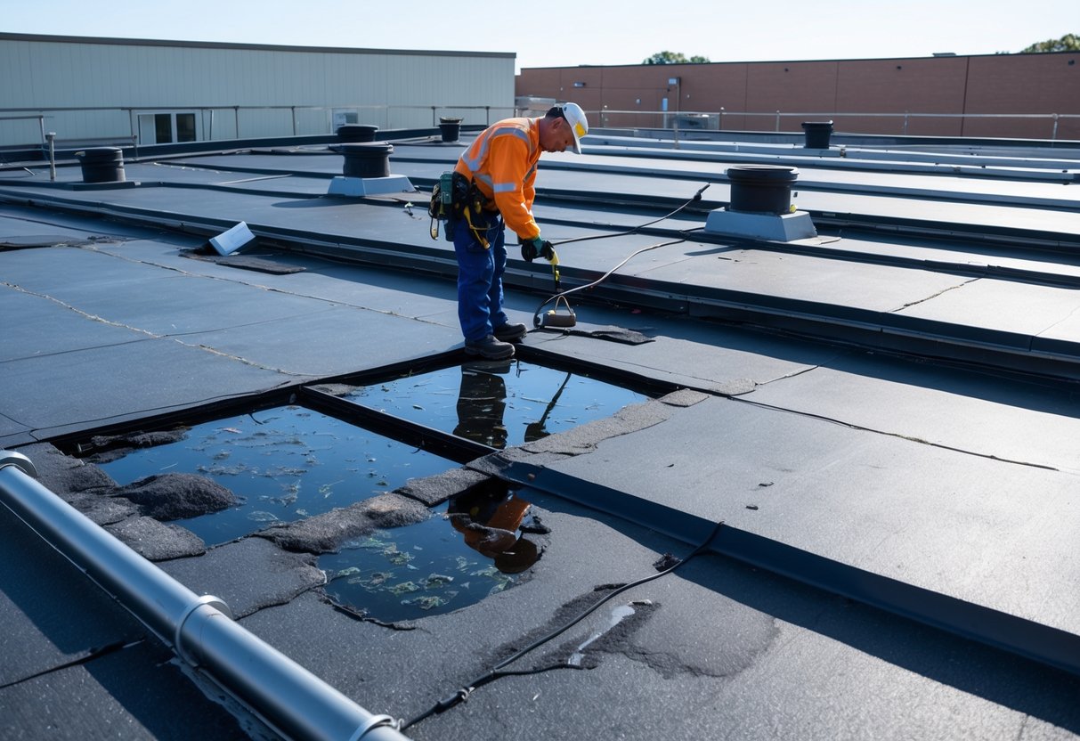 A commercial rooftop showing damaged areas like cracks, standing water, and clogged drains with a maintenance worker inspecting the roof.